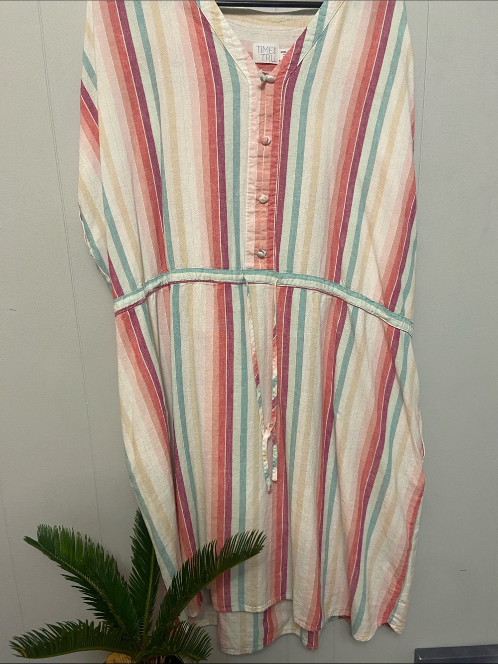 Linen blend Time and Tru Coral Teal Yellow Striped Button dress. Size 3X